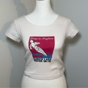 Brandy Melville White Graphic Cropped Tee